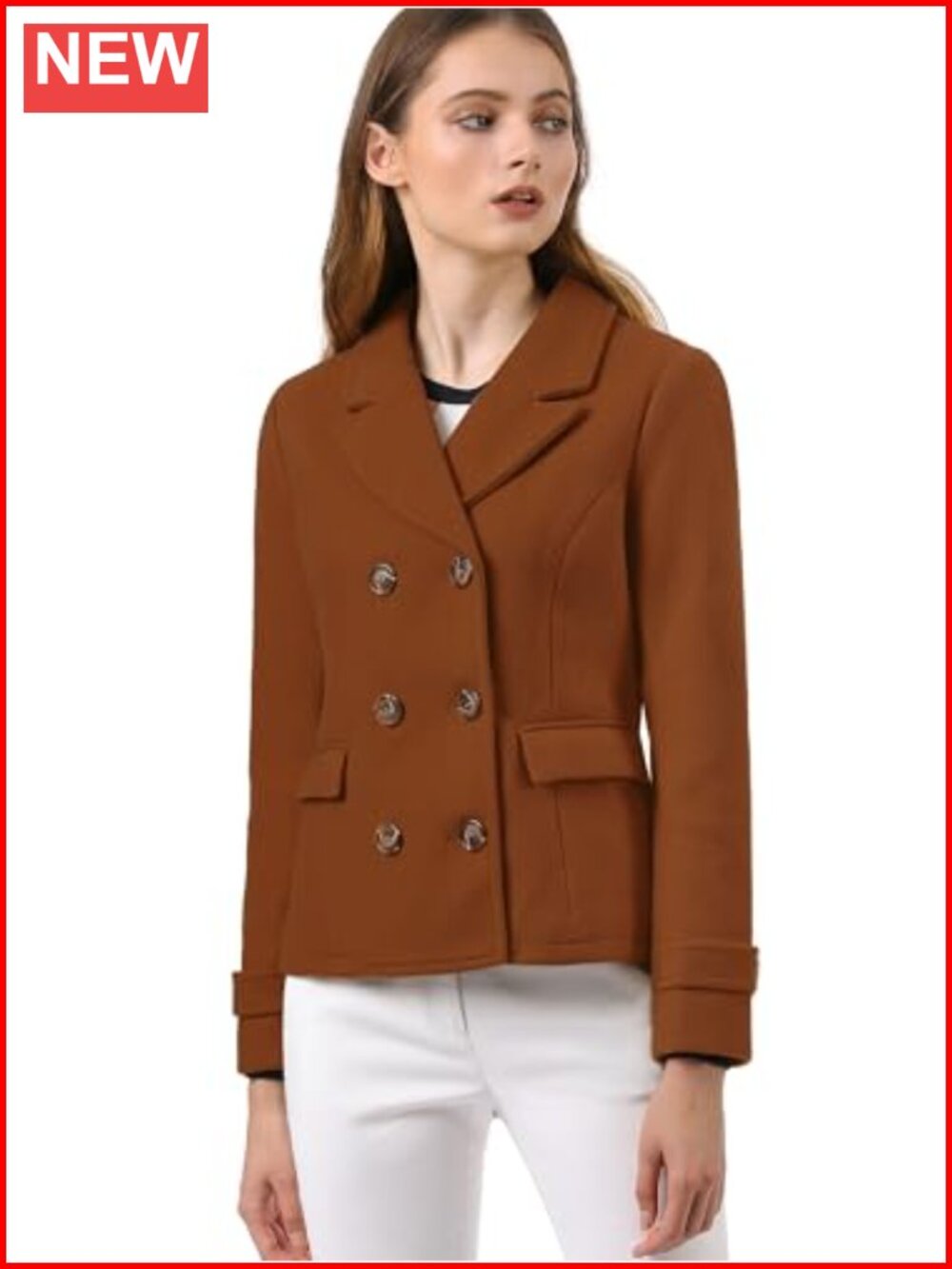 Notched Lapel Double Breasted Short Pea Coat Long Sleeve Fully Lined